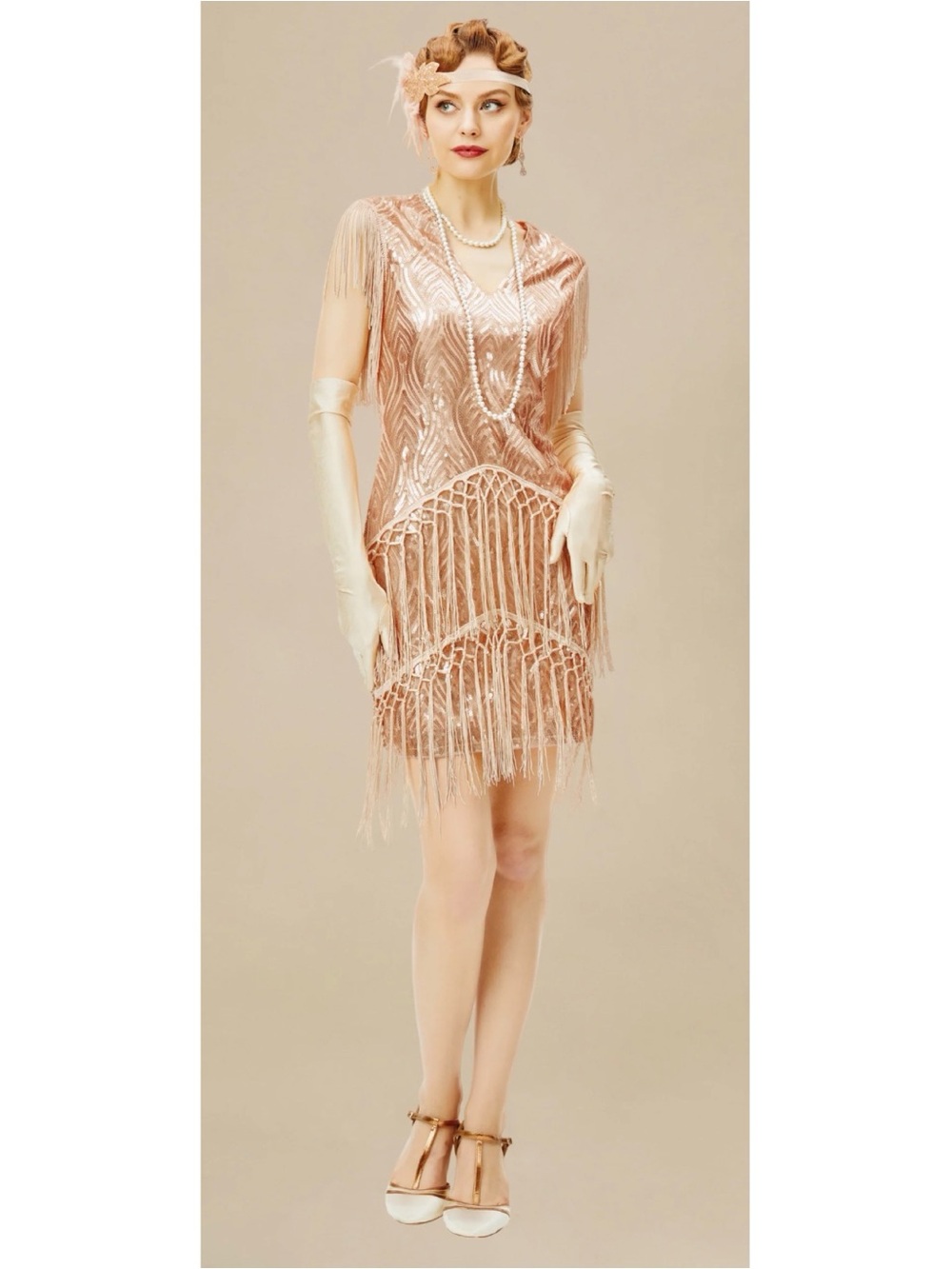 Babeyond 1920s Sparkly Sequin Bodycon Flapper Dress Golden Apricot l, size Small